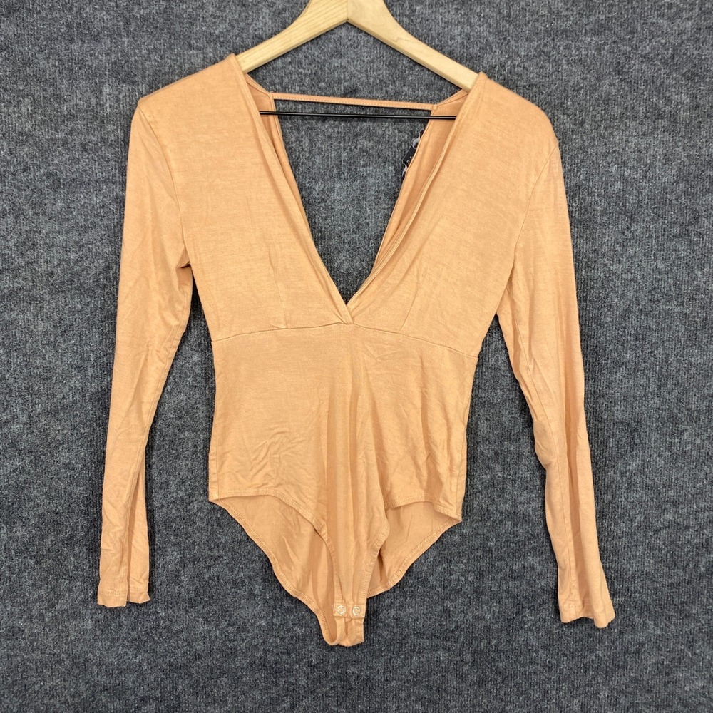 Forever 21 Women Peach Tan Deep V-Neck Long Sleeve Snap Crotch Bodysuit Size S
